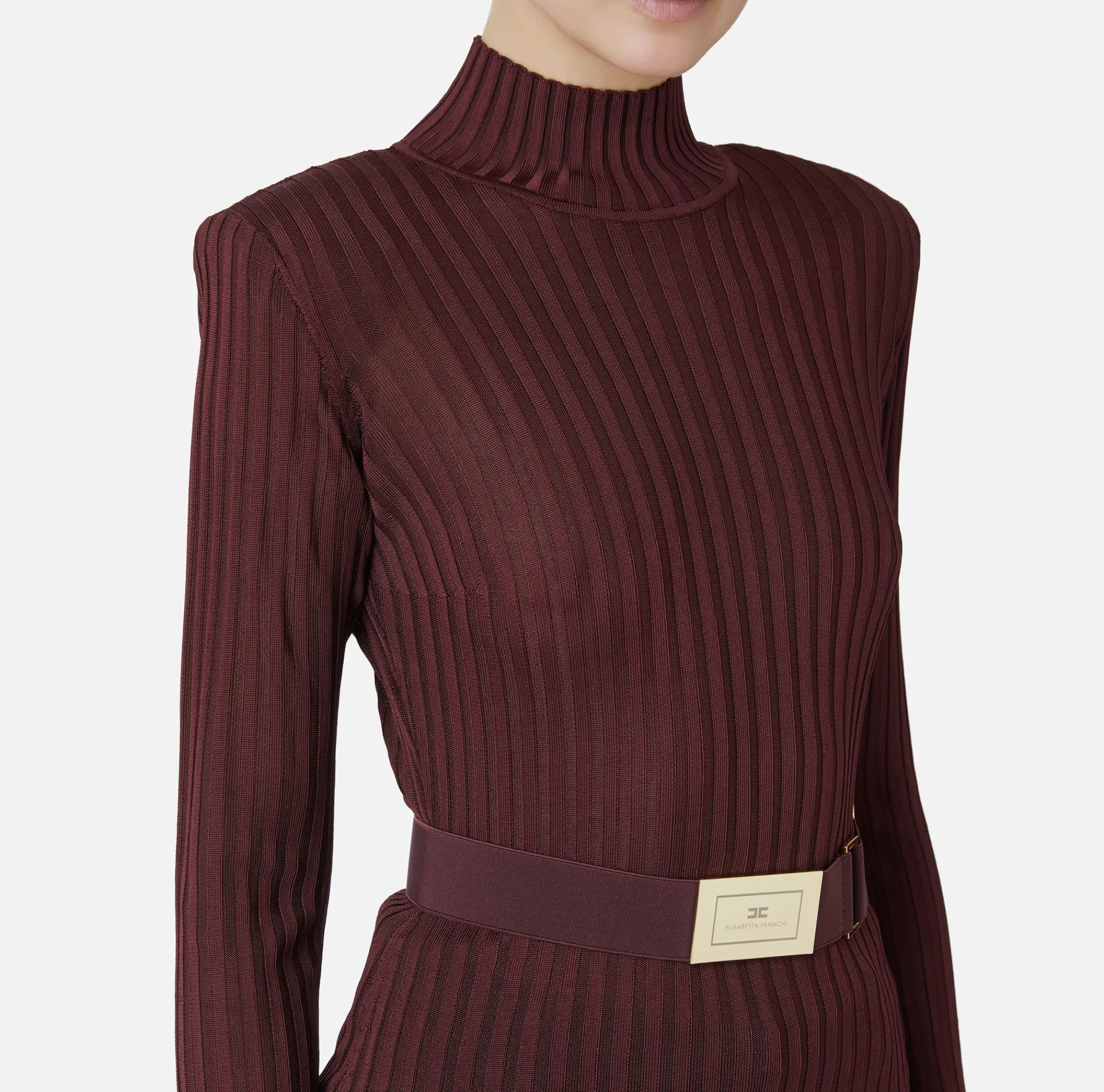 Elisabetta Franchi Knitwear And Sweatshirts|Turtleneck top in ribbed shiny viscose fabric with belt RougeNoir