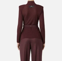 Elisabetta Franchi Knitwear And Sweatshirts|Turtleneck top in ribbed shiny viscose fabric with belt RougeNoir