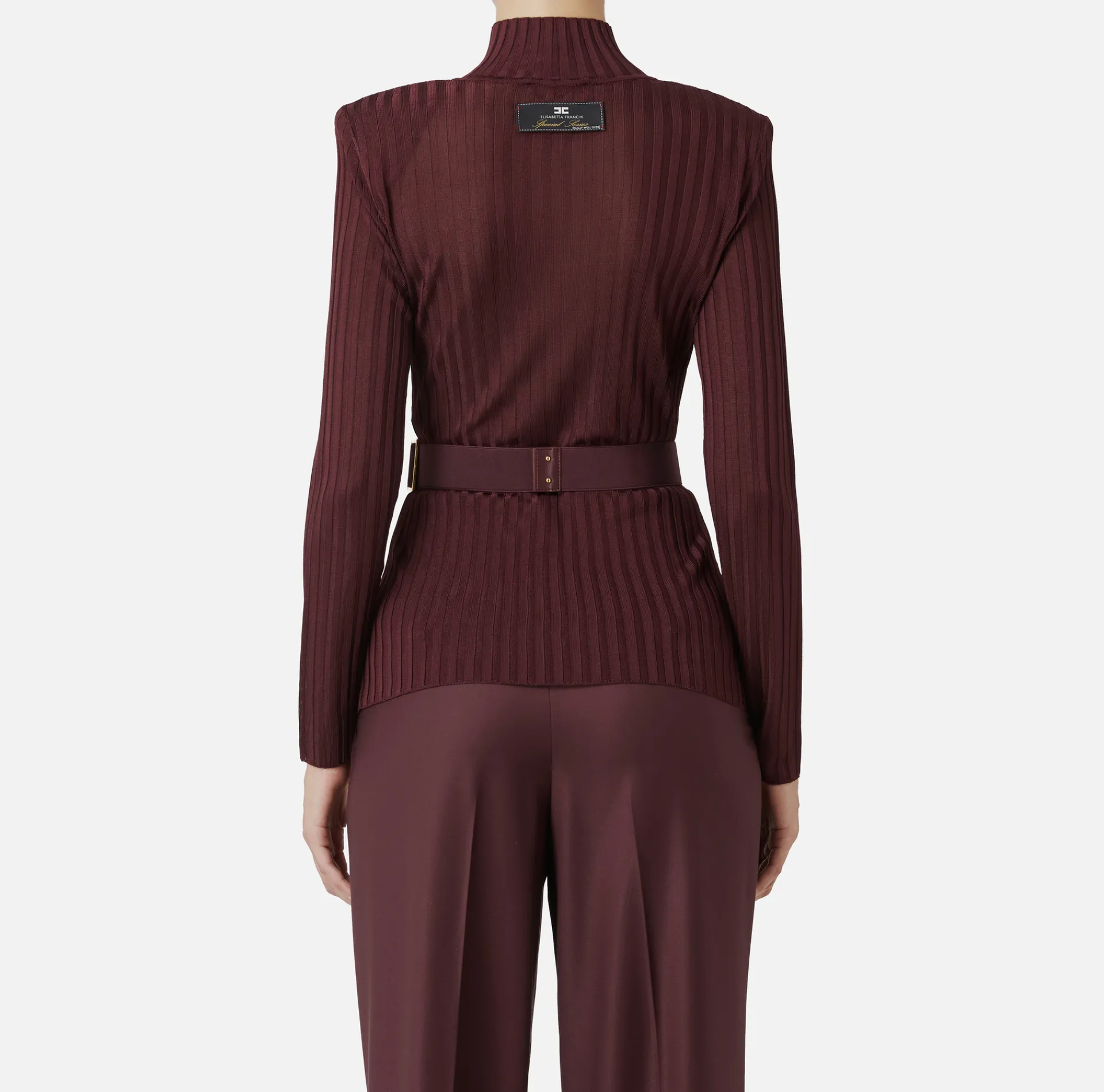 Elisabetta Franchi Knitwear And Sweatshirts|Turtleneck top in ribbed shiny viscose fabric with belt RougeNoir