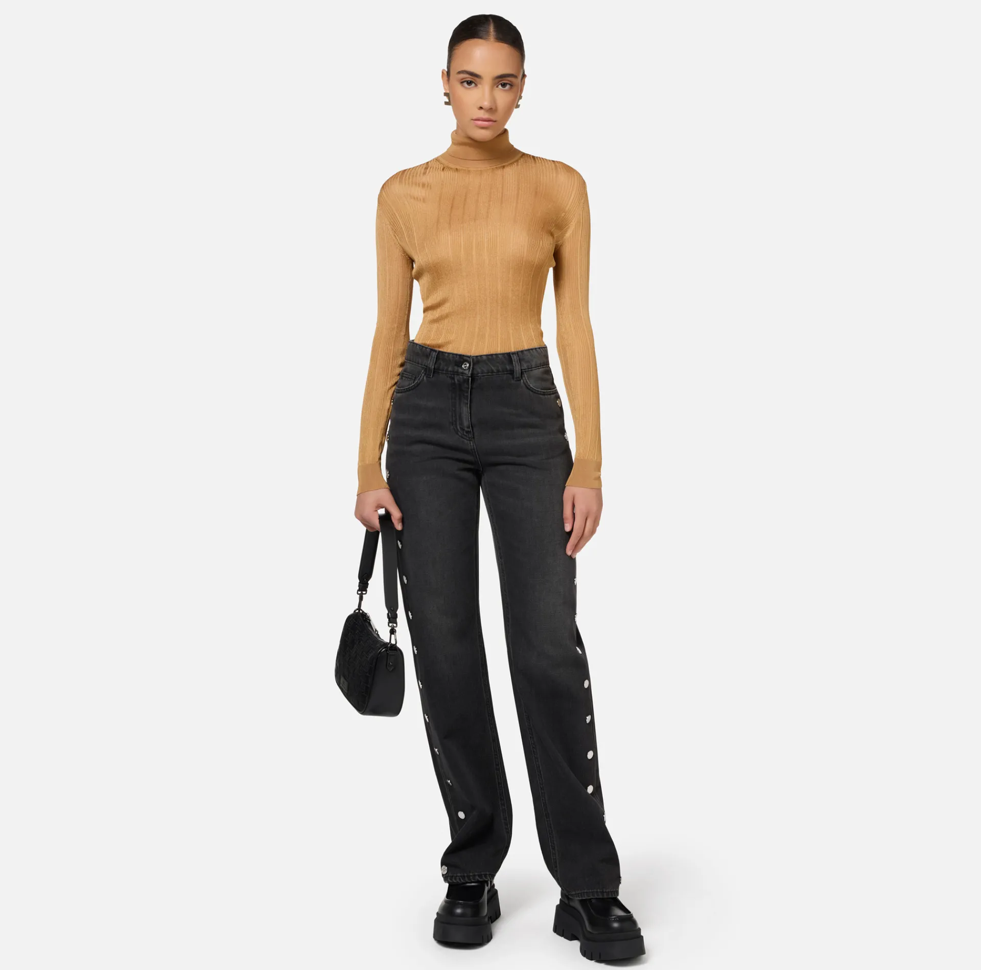 Elisabetta Franchi Knitwear And Sweatshirts|Turtleneck top in ribbed viscose fabric Bronze