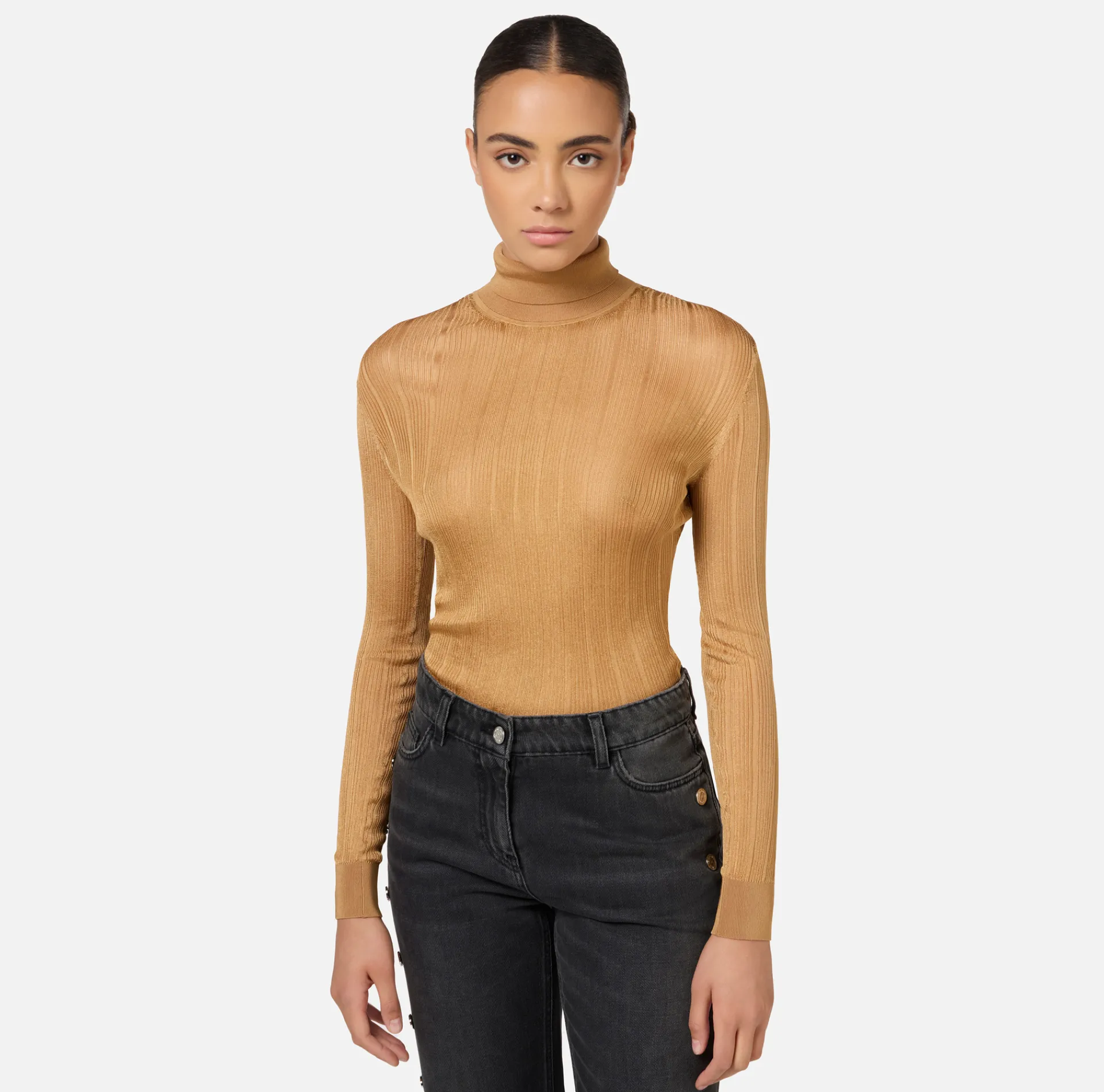 Elisabetta Franchi Knitwear And Sweatshirts|Turtleneck top in ribbed viscose fabric Bronze