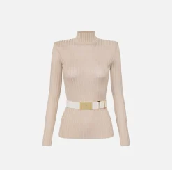 Elisabetta Franchi Knitwear And Sweatshirts|Turtleneck top in ribbed shiny viscose fabric with belt Latex