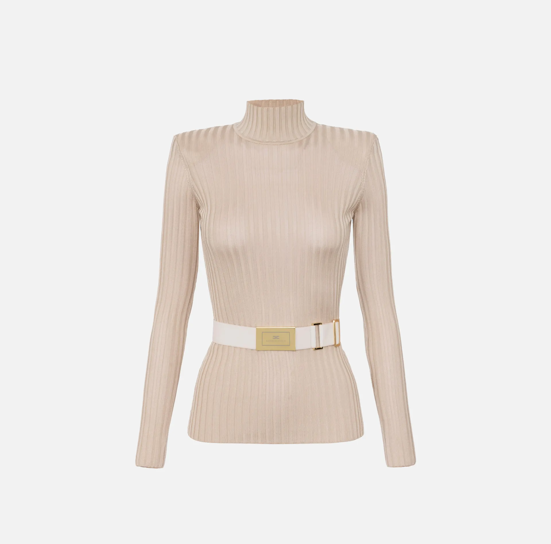 Elisabetta Franchi Knitwear And Sweatshirts|Turtleneck top in ribbed shiny viscose fabric with belt Latex
