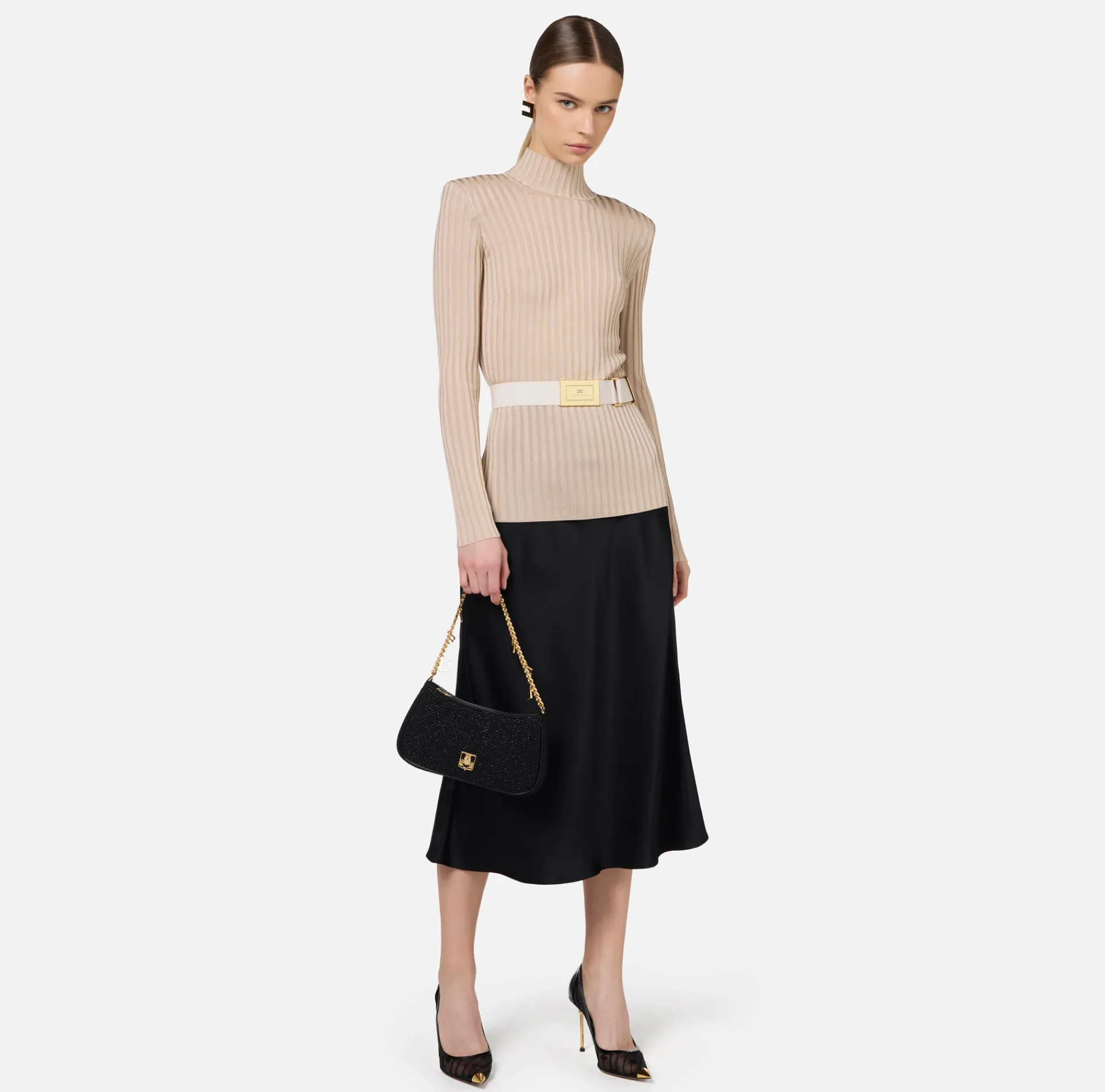 Elisabetta Franchi Knitwear And Sweatshirts|Turtleneck top in ribbed shiny viscose fabric with belt Latex