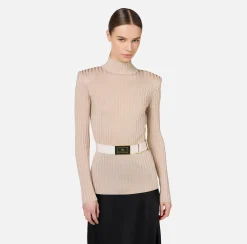 Elisabetta Franchi Knitwear And Sweatshirts|Turtleneck top in ribbed shiny viscose fabric with belt Latex