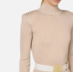 Elisabetta Franchi Knitwear And Sweatshirts|Turtleneck top in ribbed shiny viscose fabric with belt Latex