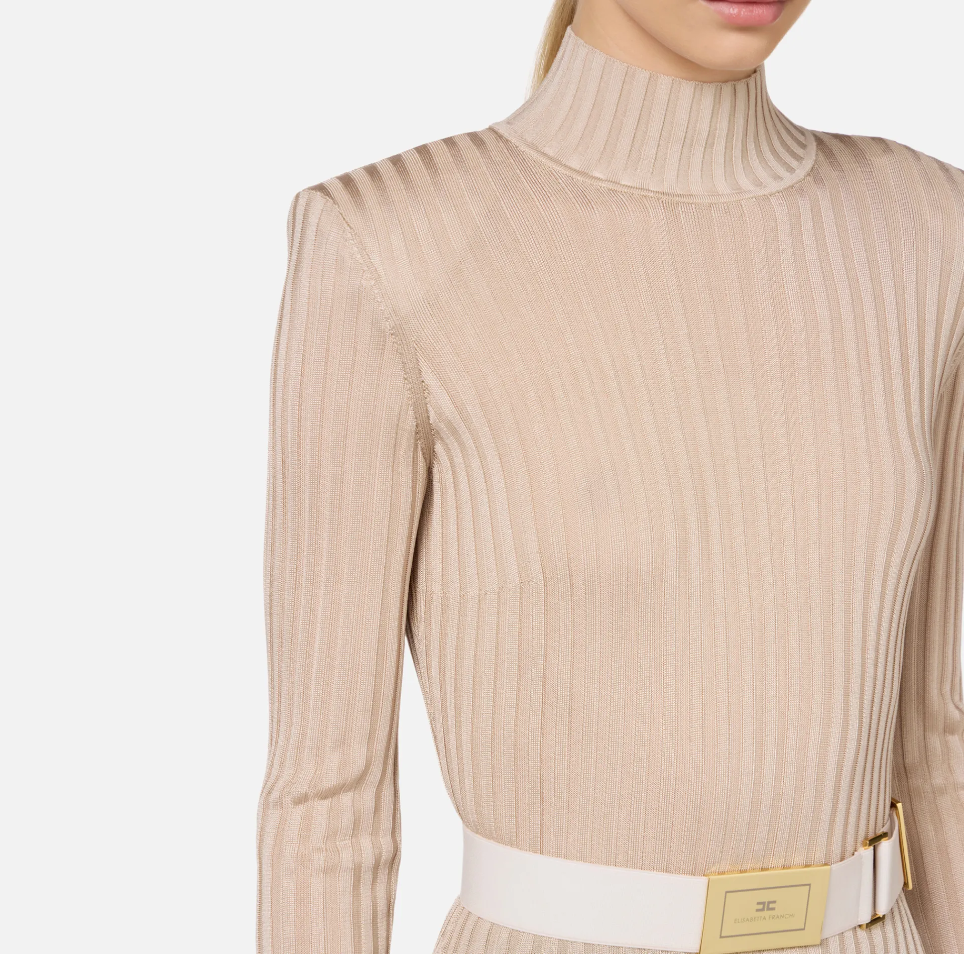 Elisabetta Franchi Knitwear And Sweatshirts|Turtleneck top in ribbed shiny viscose fabric with belt Latex