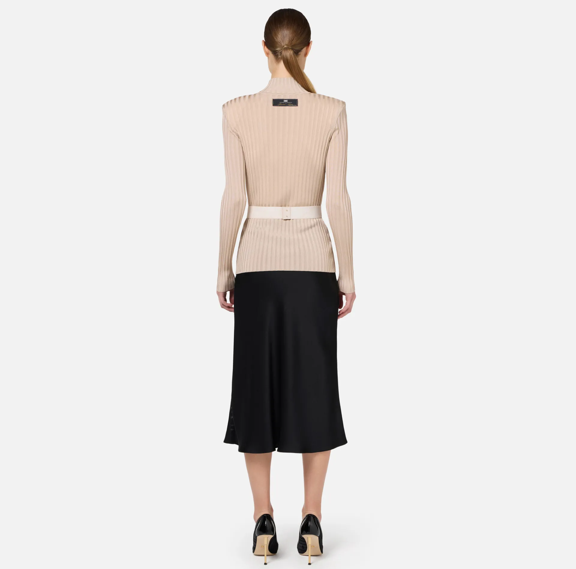 Elisabetta Franchi Knitwear And Sweatshirts|Turtleneck top in ribbed shiny viscose fabric with belt Latex