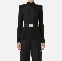 Elisabetta Franchi Knitwear And Sweatshirts|Turtleneck top in ribbed shiny viscose fabric with belt Black