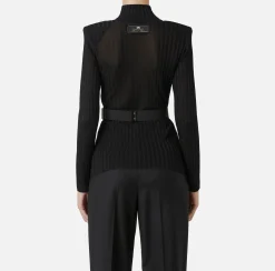 Elisabetta Franchi Knitwear And Sweatshirts|Turtleneck top in ribbed shiny viscose fabric with belt Black