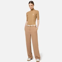 Elisabetta Franchi Knitwear And Sweatshirts|Turtleneck top in viscose fabric with college-style logo Camel/Butter
