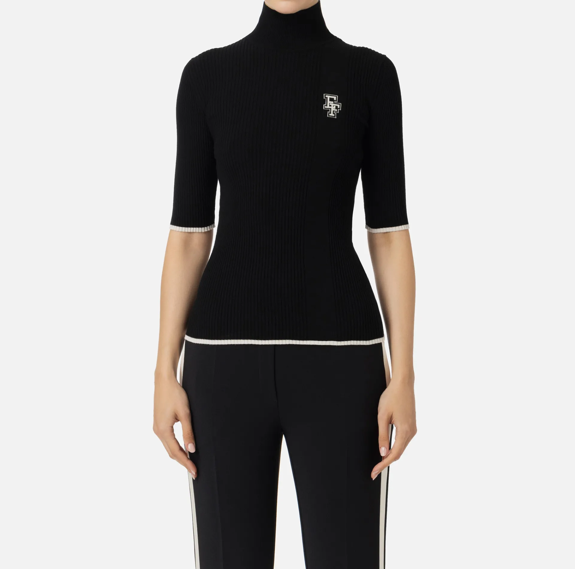 Elisabetta Franchi Knitwear And Sweatshirts|Turtleneck top in viscose fabric with college-style logo Black/Butter