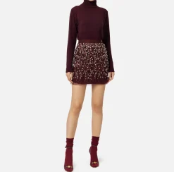 Elisabetta Franchi Mini Dresses|Knitted Dresses|Turtleneck wool dress with embroidered skirt RougeNoir
