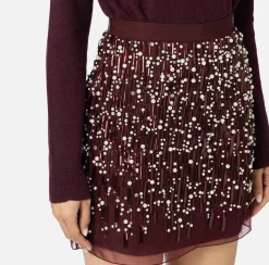 Elisabetta Franchi Mini Dresses|Knitted Dresses|Turtleneck wool dress with embroidered skirt RougeNoir