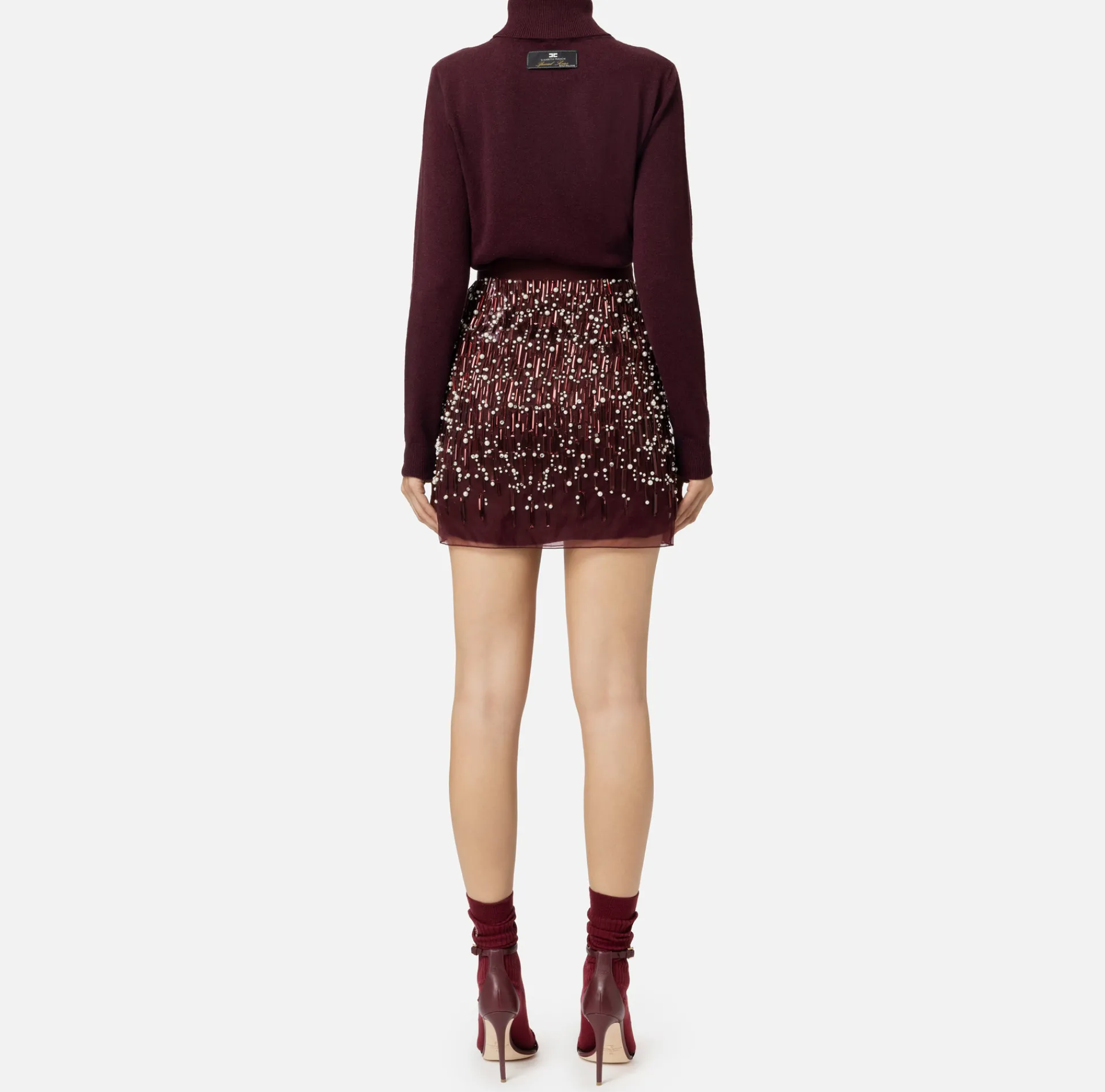 Elisabetta Franchi Mini Dresses|Knitted Dresses|Turtleneck wool dress with embroidered skirt RougeNoir