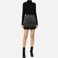 Elisabetta Franchi Mini Dresses|Knitted Dresses|Turtleneck wool dress with embroidered skirt Black