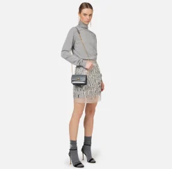 Elisabetta Franchi Mini Dresses|Knitted Dresses|Turtleneck wool dress with embroidered skirt HeatherGrey