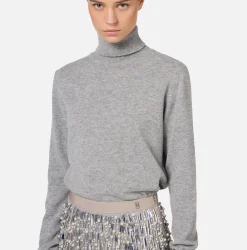Elisabetta Franchi Mini Dresses|Knitted Dresses|Turtleneck wool dress with embroidered skirt HeatherGrey