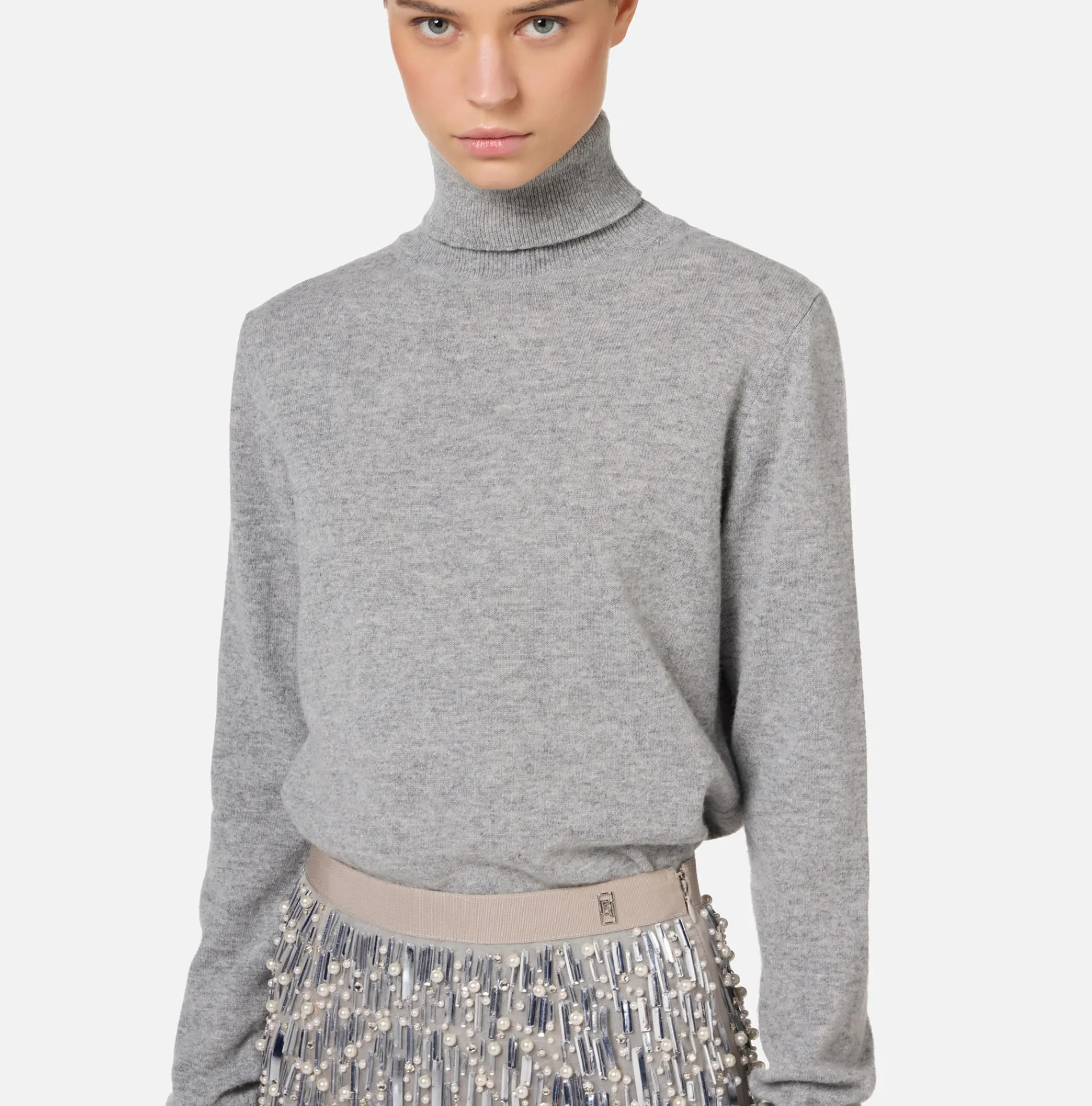 Elisabetta Franchi Mini Dresses|Knitted Dresses|Turtleneck wool dress with embroidered skirt HeatherGrey