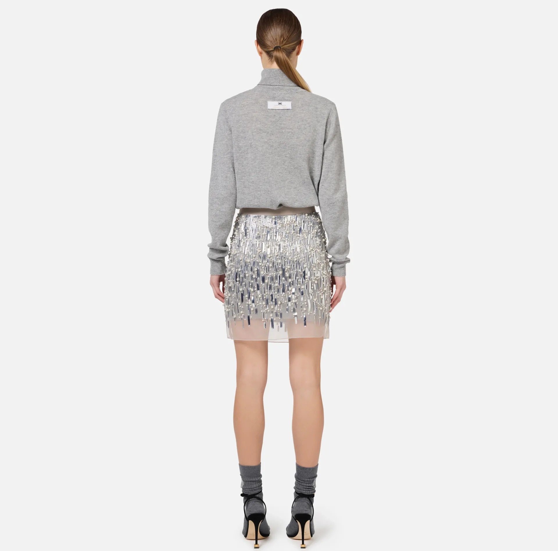Elisabetta Franchi Mini Dresses|Knitted Dresses|Turtleneck wool dress with embroidered skirt HeatherGrey