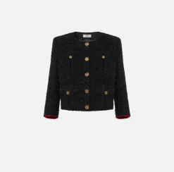 Elisabetta Franchi Jackets And Trench Coats|Tweed cropped jacket with pockets Black/RedPassion
