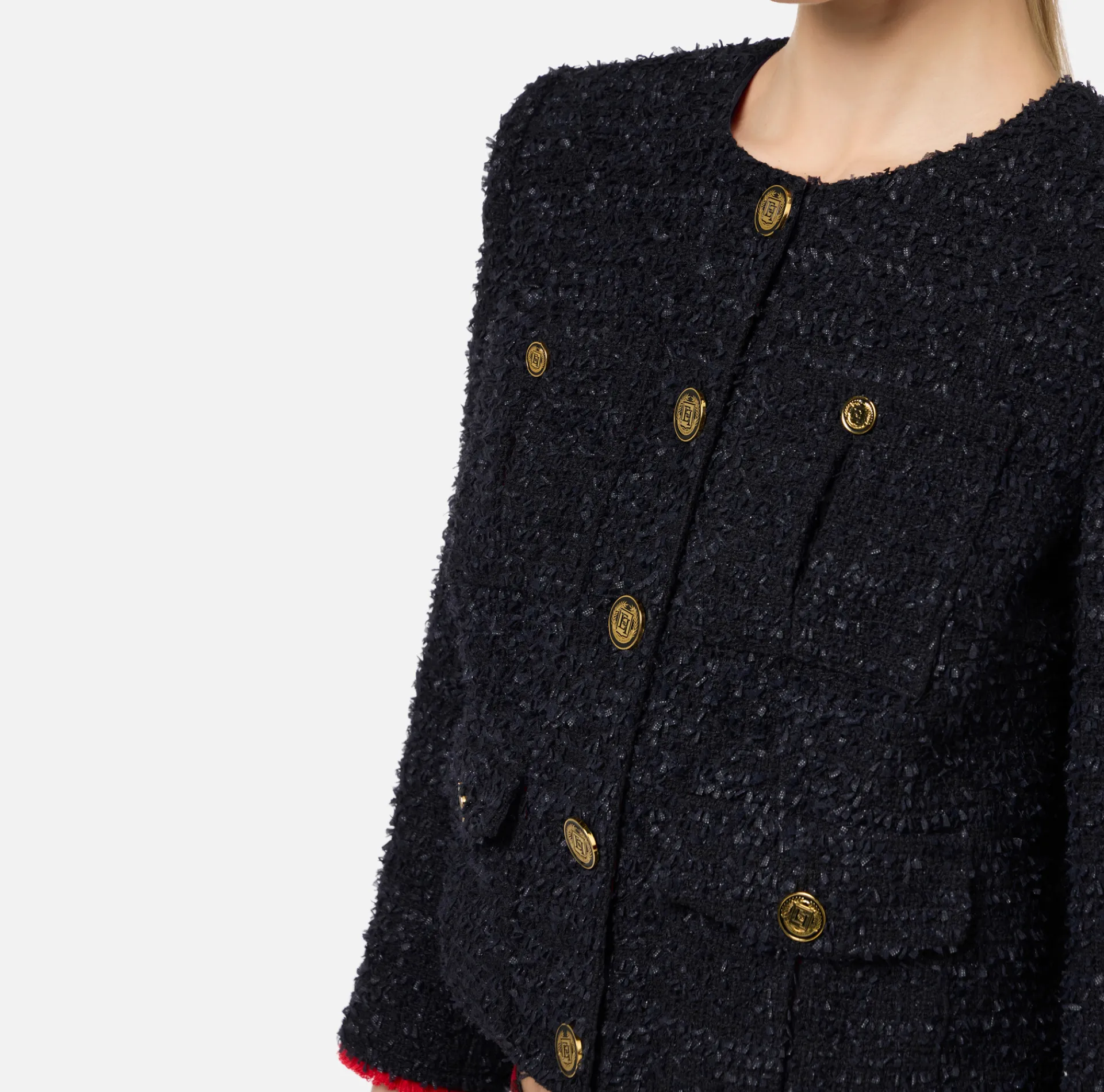 Elisabetta Franchi Jackets And Trench Coats|Tweed cropped jacket with pockets Black/RedPassion