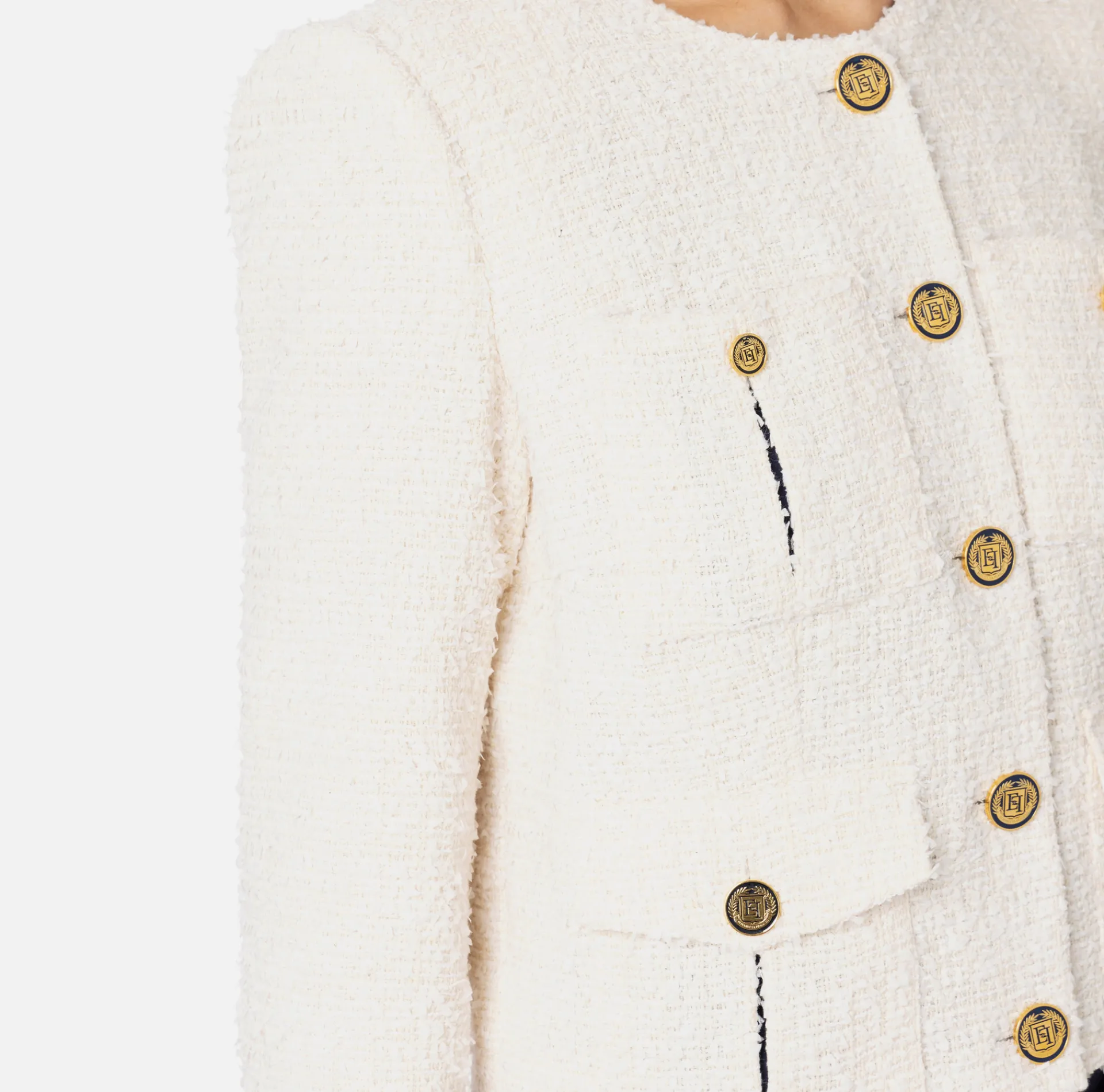 Elisabetta Franchi Jackets And Trench Coats|Tweed cropped jacket with pockets Butter/Navy