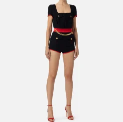 Elisabetta Franchi Jumpsuits|Tweed romper suit with pockets Black/RedPassion