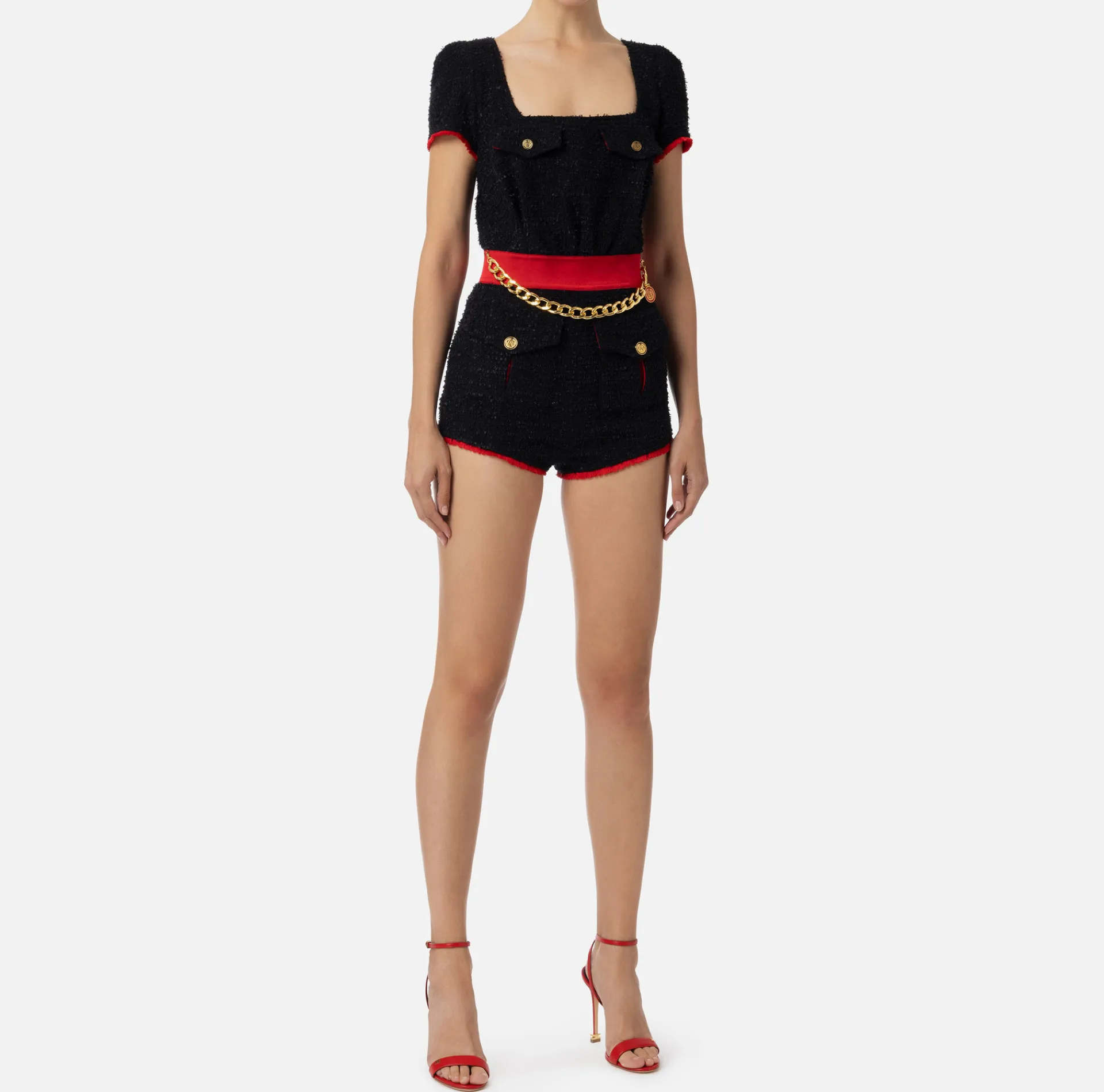 Elisabetta Franchi Jumpsuits|Tweed romper suit with pockets Black/RedPassion
