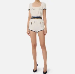 Elisabetta Franchi Jumpsuits|Tweed romper suit with pockets Butter/Navy