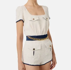 Elisabetta Franchi Jumpsuits|Tweed romper suit with pockets Butter/Navy