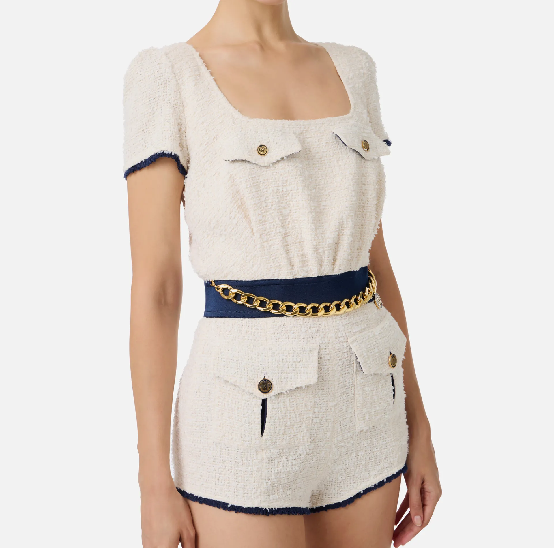Elisabetta Franchi Jumpsuits|Tweed romper suit with pockets Butter/Navy