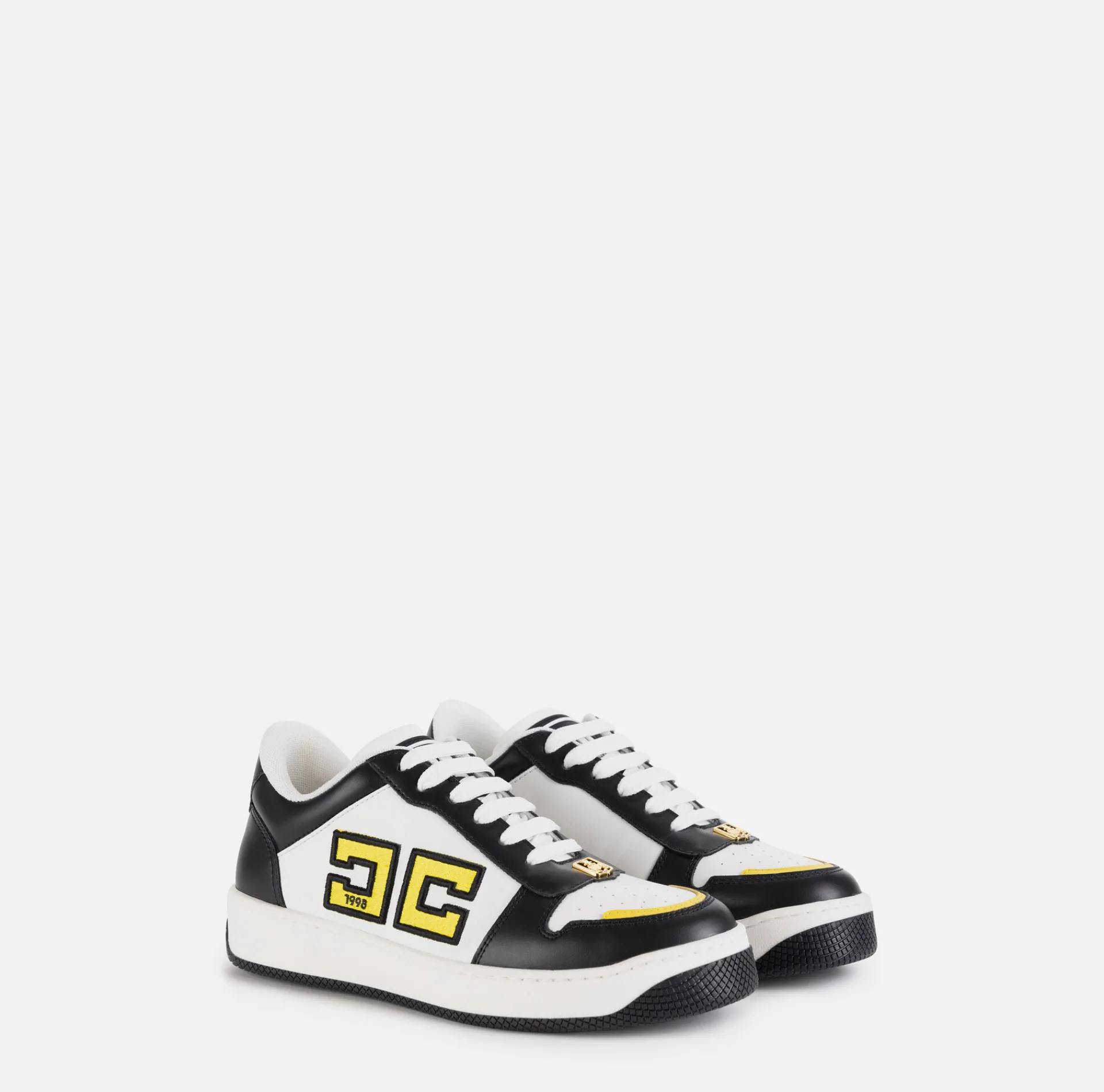 Elisabetta Franchi Sneakers & Flat Shoes|Two-colour logo leather sneakers Black/Ivory