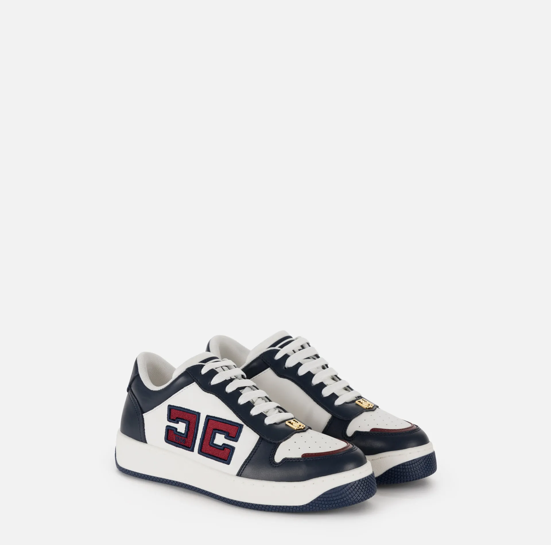 Elisabetta Franchi Sneakers & Flat Shoes|Two-colour logo leather sneakers Navy/Ivory