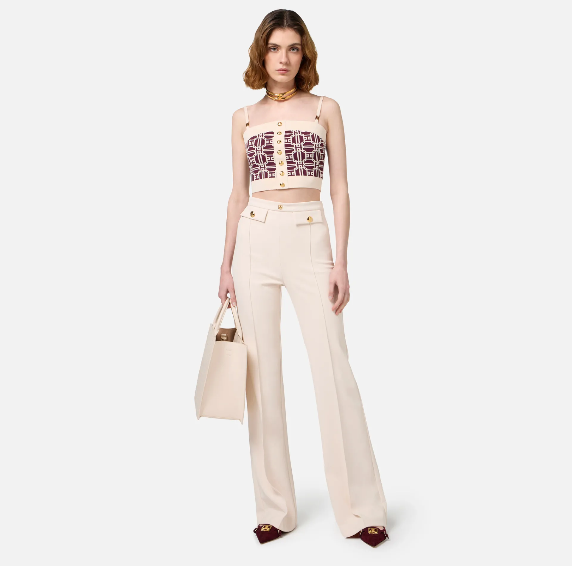 Elisabetta Franchi Top And T-Shirts|Viscose blend jacquard logo top RougeNoir/Butter