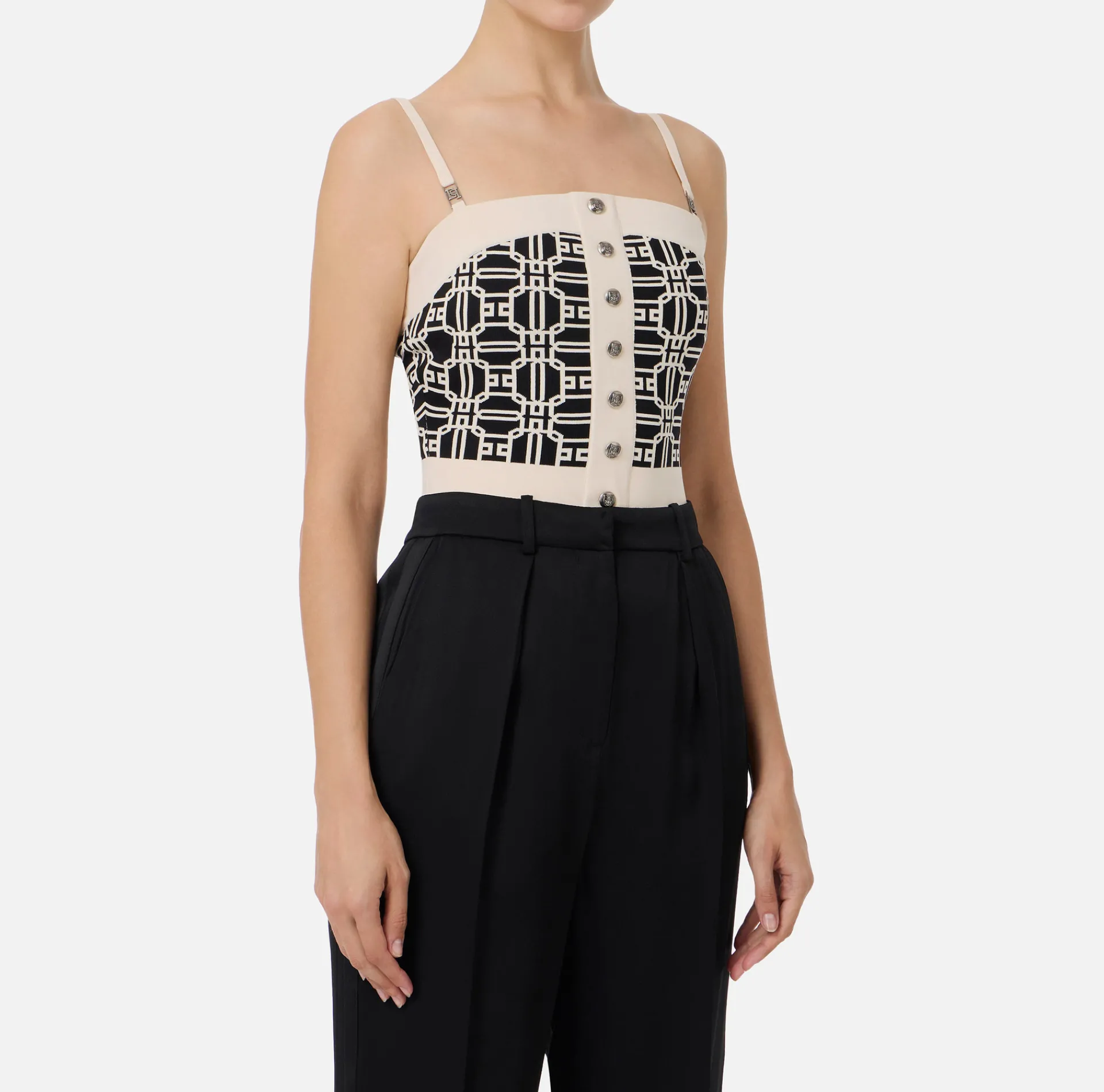 Elisabetta Franchi Top And T-Shirts|Viscose blend jacquard logo top Black/Butter