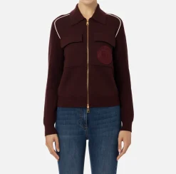 Elisabetta Franchi Knitwear And Sweatshirts|Viscose bomber jacket with logo patch RougeNoir/Butter