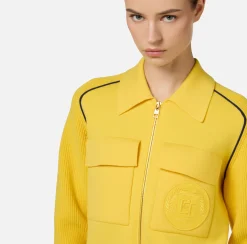Elisabetta Franchi Knitwear And Sweatshirts|Viscose bomber jacket with logo patch Mimosa/Navy