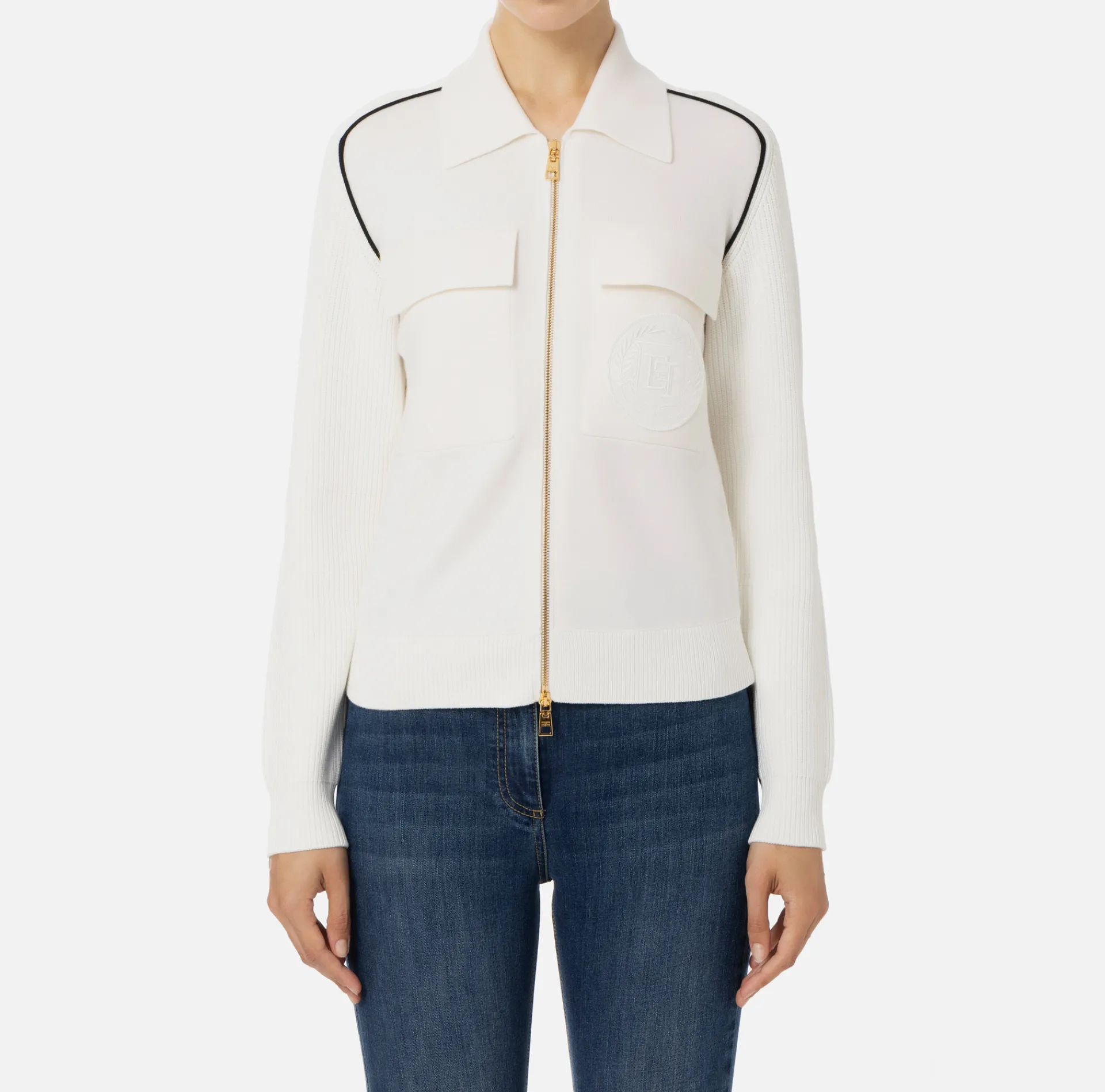 Elisabetta Franchi Knitwear And Sweatshirts|Viscose bomber jacket with logo patch Ivory/Black