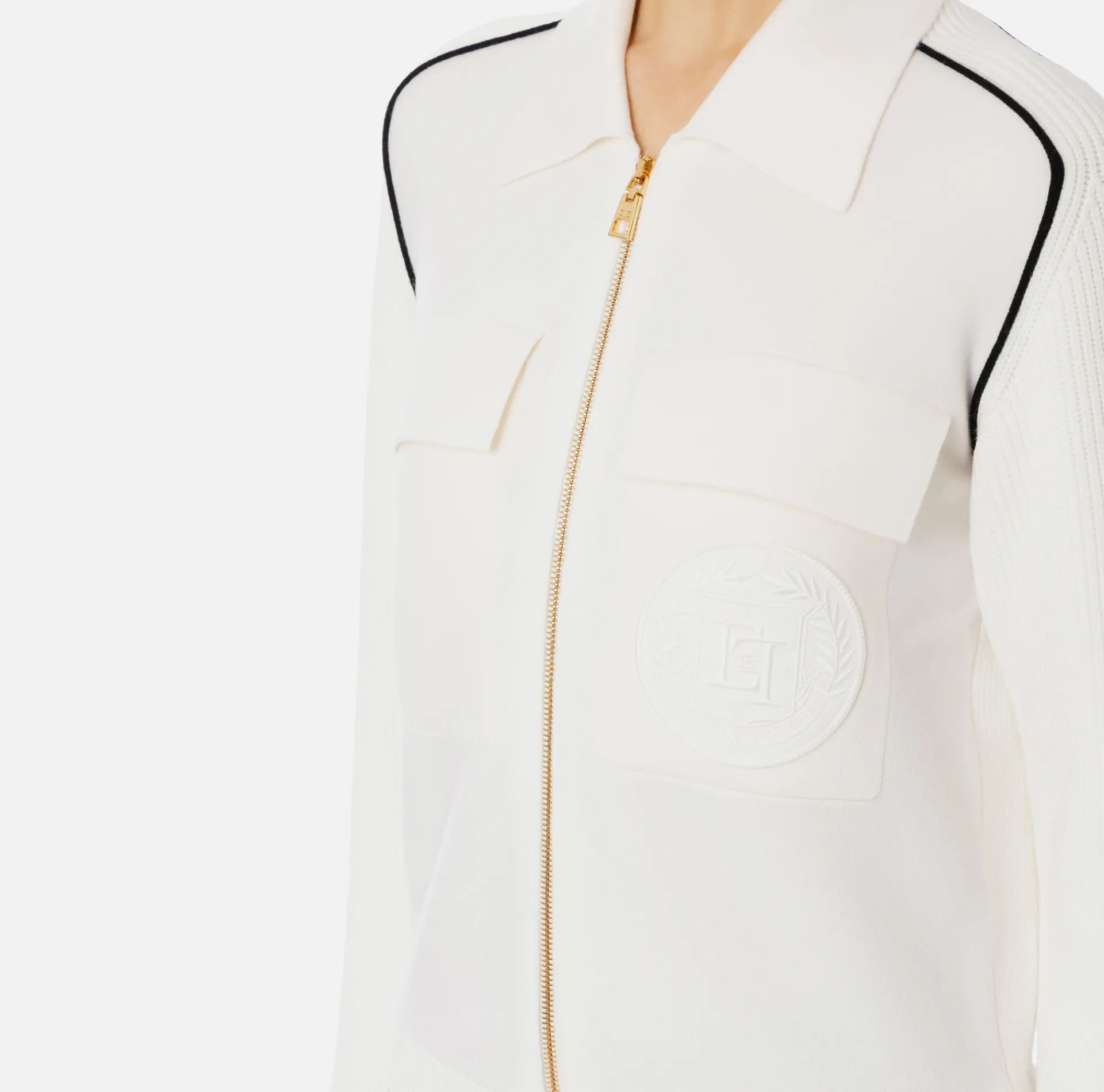 Elisabetta Franchi Knitwear And Sweatshirts|Viscose bomber jacket with logo patch Ivory/Black