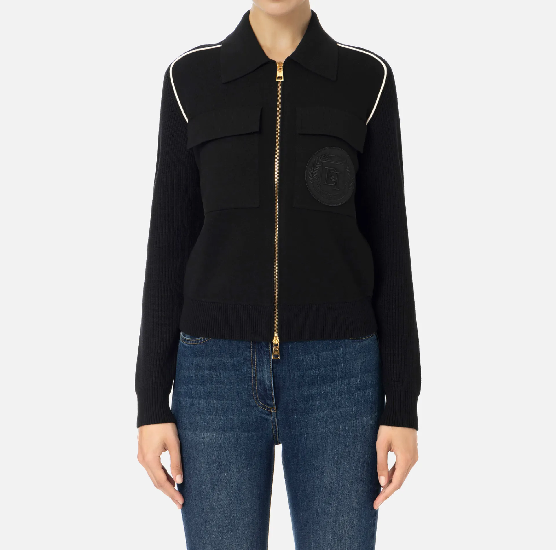 Elisabetta Franchi Knitwear And Sweatshirts|Viscose bomber jacket with logo patch Black/Butter