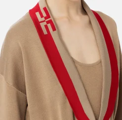 Elisabetta Franchi Knitwear And Sweatshirts|Viscose cardigan with logo bands Camel/RedPassion