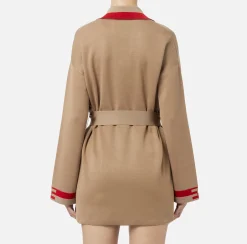 Elisabetta Franchi Knitwear And Sweatshirts|Viscose cardigan with logo bands Camel/RedPassion