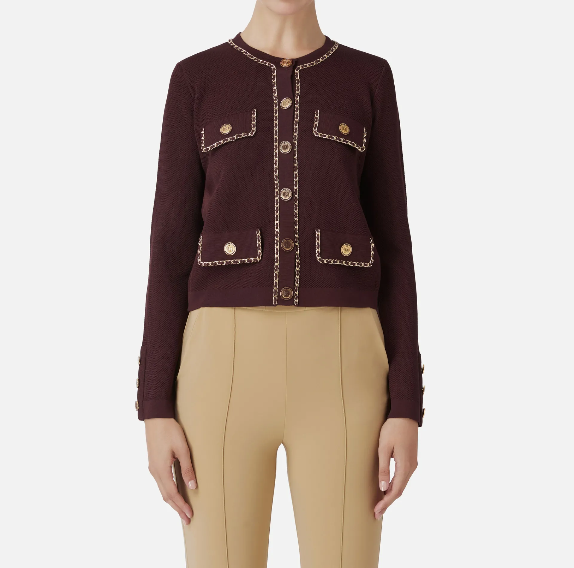 Elisabetta Franchi Knitwear And Sweatshirts|Viscose cropped jacket with chain RougeNoir