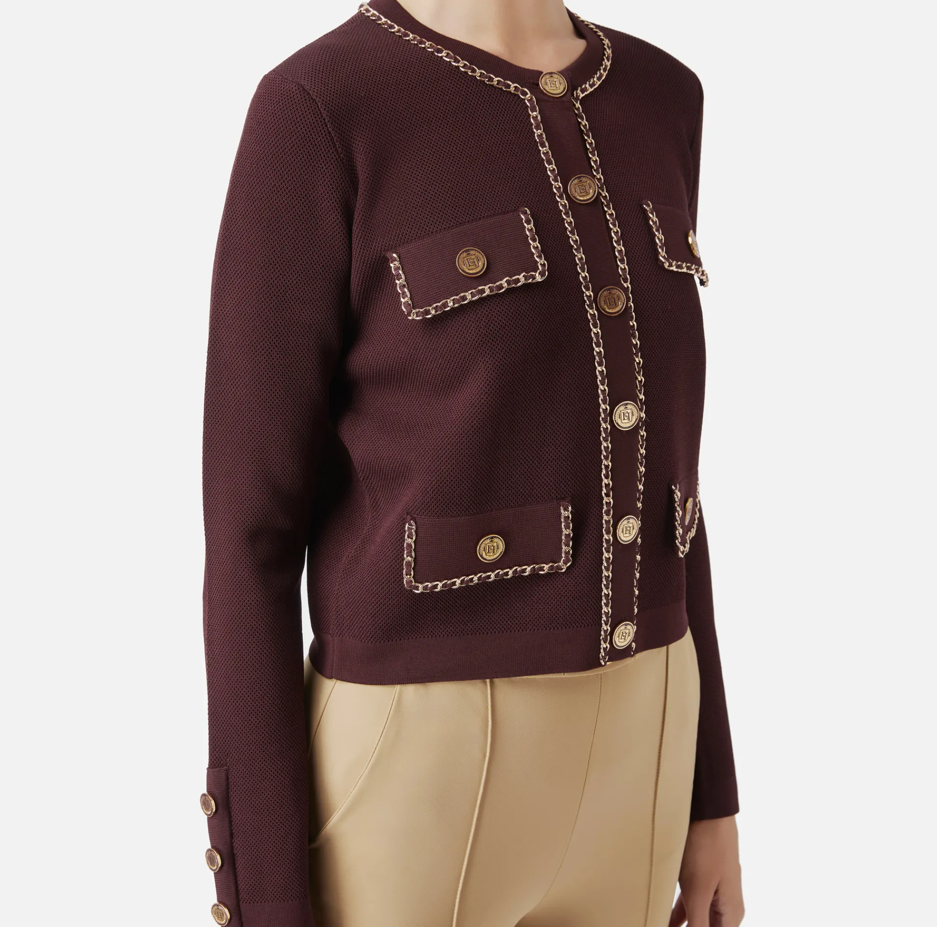 Elisabetta Franchi Knitwear And Sweatshirts|Viscose cropped jacket with chain RougeNoir