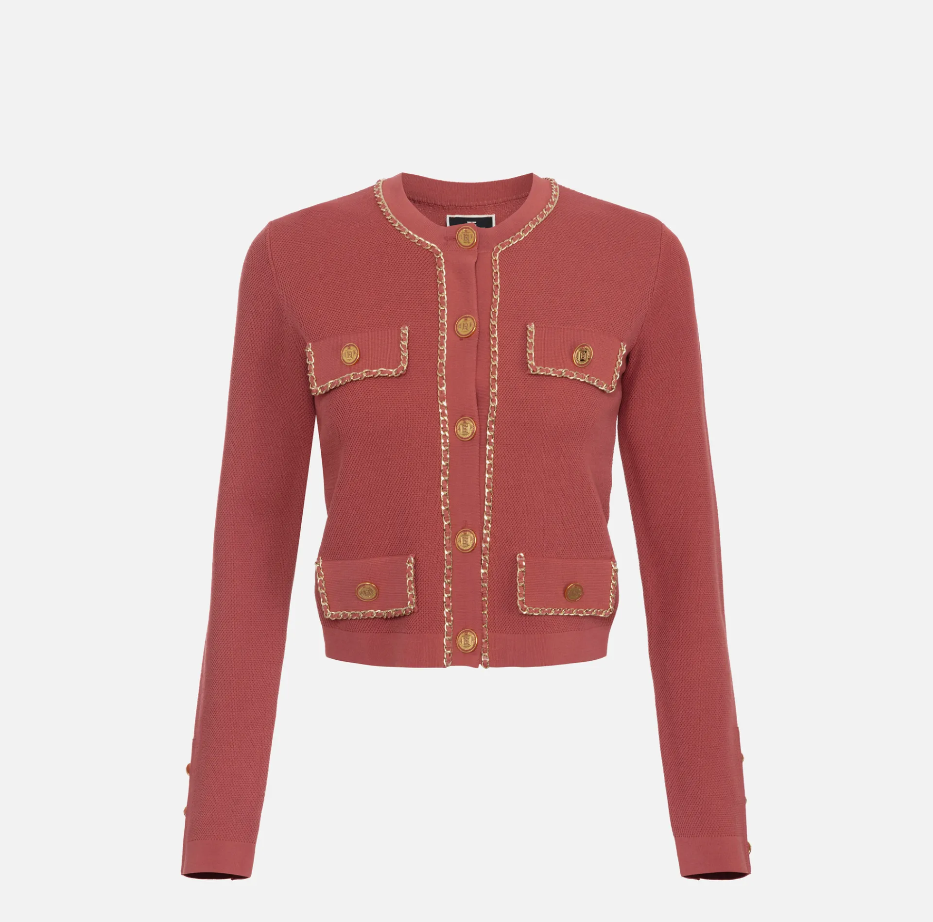 Elisabetta Franchi Knitwear And Sweatshirts|Viscose cropped jacket with chain Eyeshadow