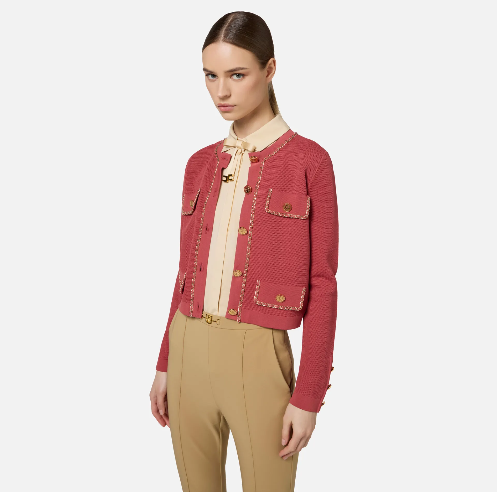 Elisabetta Franchi Knitwear And Sweatshirts|Viscose cropped jacket with chain Eyeshadow