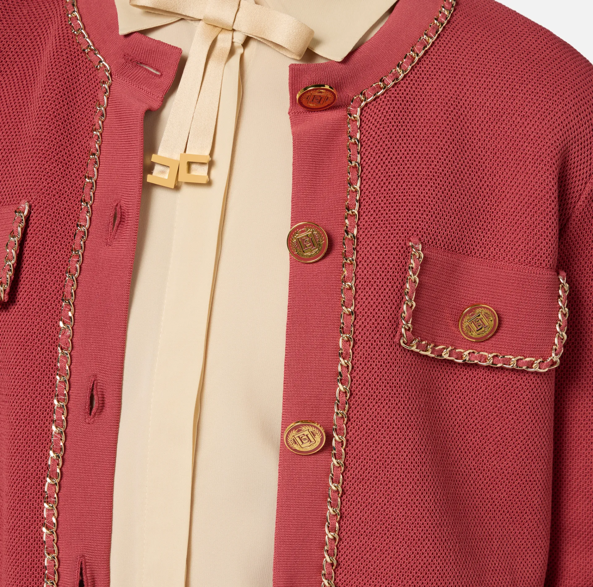 Elisabetta Franchi Knitwear And Sweatshirts|Viscose cropped jacket with chain Eyeshadow