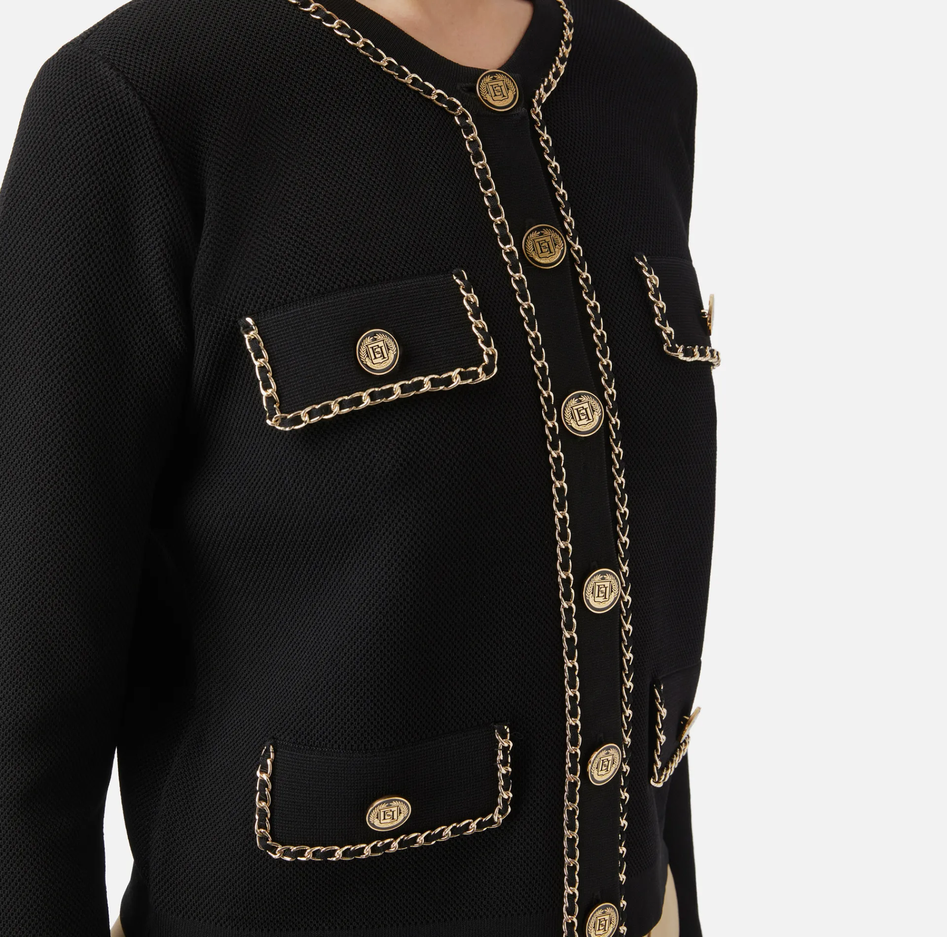 Elisabetta Franchi Knitwear And Sweatshirts|Viscose cropped jacket with chain Black