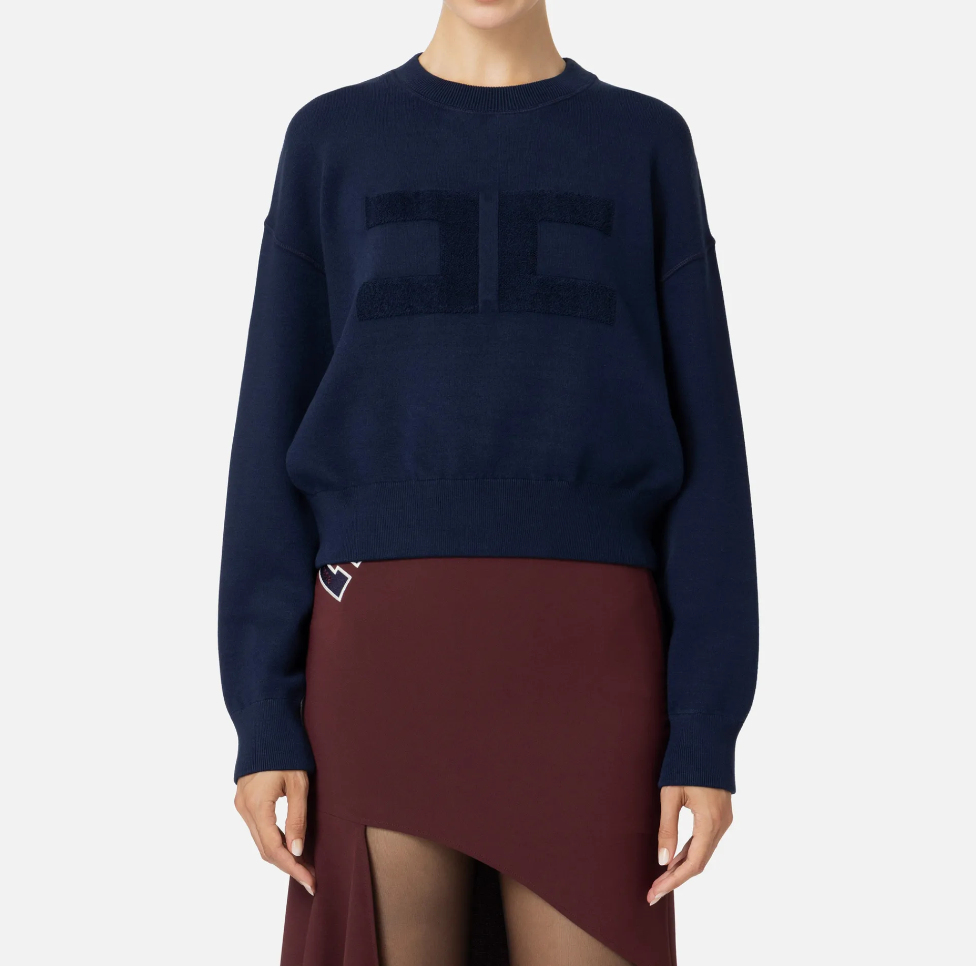 Elisabetta Franchi Knitwear And Sweatshirts|Viscose cropped sweatshirt with logo embroidery Navy